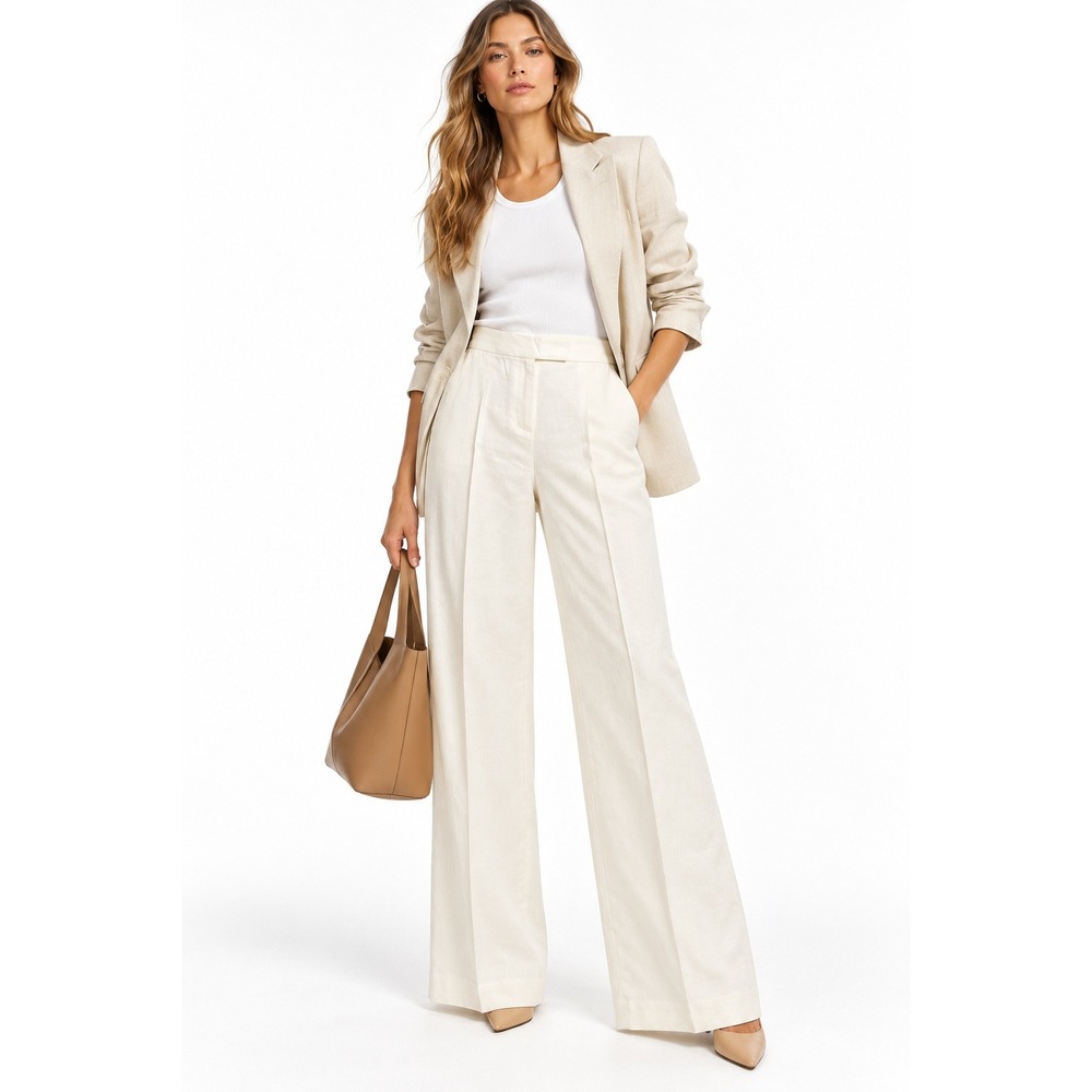 H&M Women White Linen Blend Wide Leg High Rise Trousers Size 0 NWT